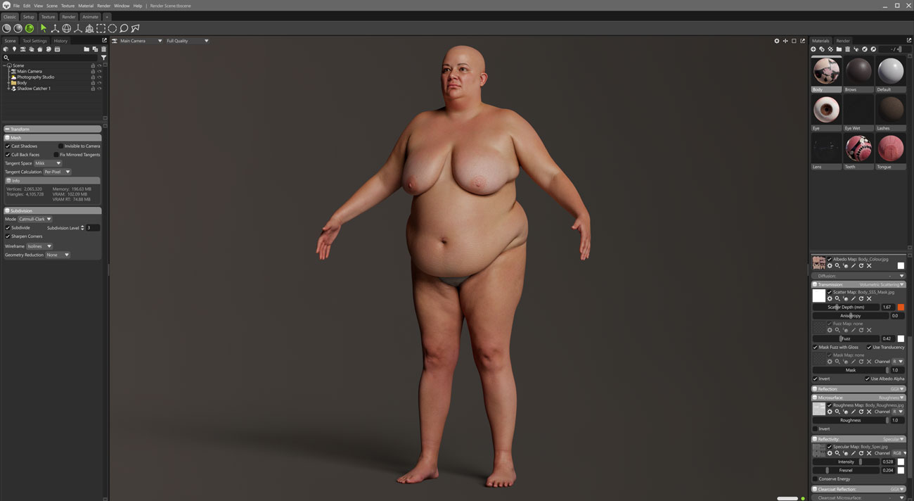 Marmoset Toolbag real-time scene render of a fuller-figured female 3D body scan with PBR lighting and materials
